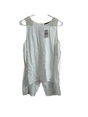 NEW ASTR The Label White Silk Blend Beaded Shoulder Sleeveless High Low Blouse S